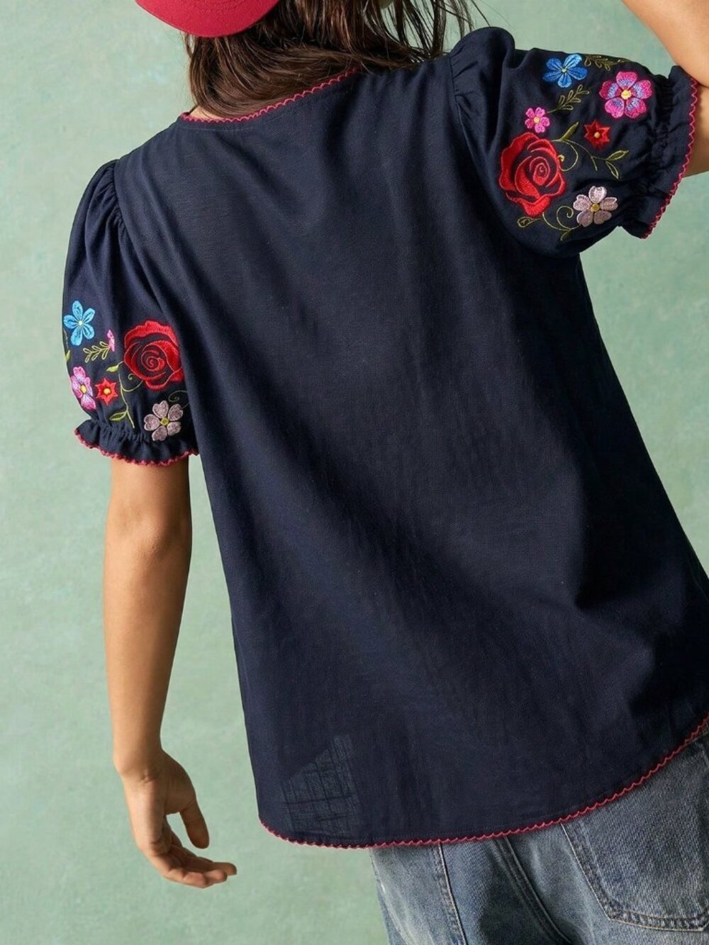 Black Boho Women's Casual Embroidered V-Neck Short Sleeve Woven Blouse - Picture 2 of 7